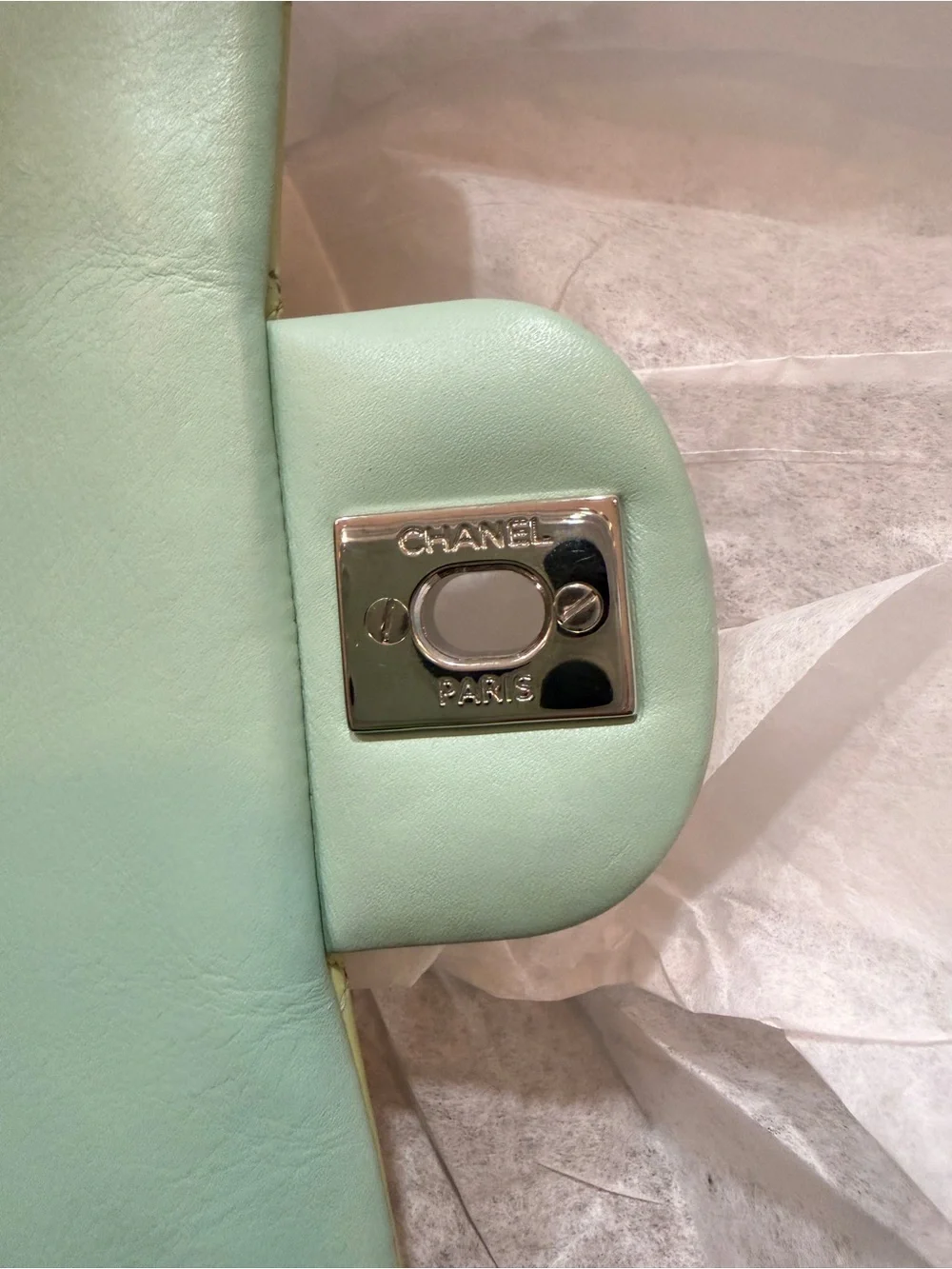 CHANEL Quilted Patent Leather Mini Flap Bag in Lime